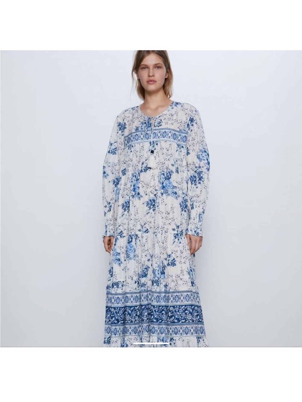 Zara Womens Size S Blue White Floral Flowy Maxi Dress Boho